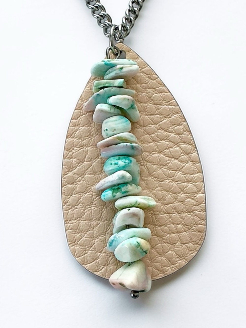 🆕 Gemstones and Faux Leather Pendant Necklace-Stainless Steel